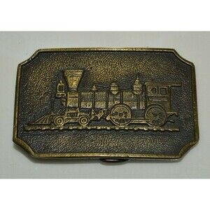 Vintage 1970s Brass Tone Sunset Railroad Train Locomotive Detailed Belt Buckle